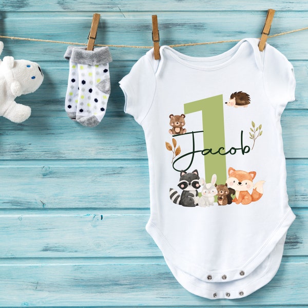 Personalised First Birthday Baby 1st Vest Outfit One Boy Girl Name Cake Smash Woodland animals birthday baby grow boys