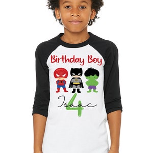 Boys superhero birthday t-shirt, superheroes long sleeve baseball raglan top, boys superheroes top, 1st, 2nd, 3rd, 4th, 5th, 6th top image 2