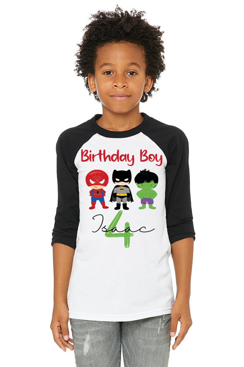 Boys superhero birthday t-shirt, superheroes long sleeve baseball raglan top, boys superheroes top, 1st, 2nd, 3rd, 4th, 5th, 6th top image 2