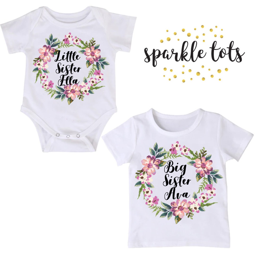 Monamees Big and Little Sister Personalized Matching Outfits, Sisters Shirt Set, Customized Baby Shower Gifts for Girls, Little Sister Announcement