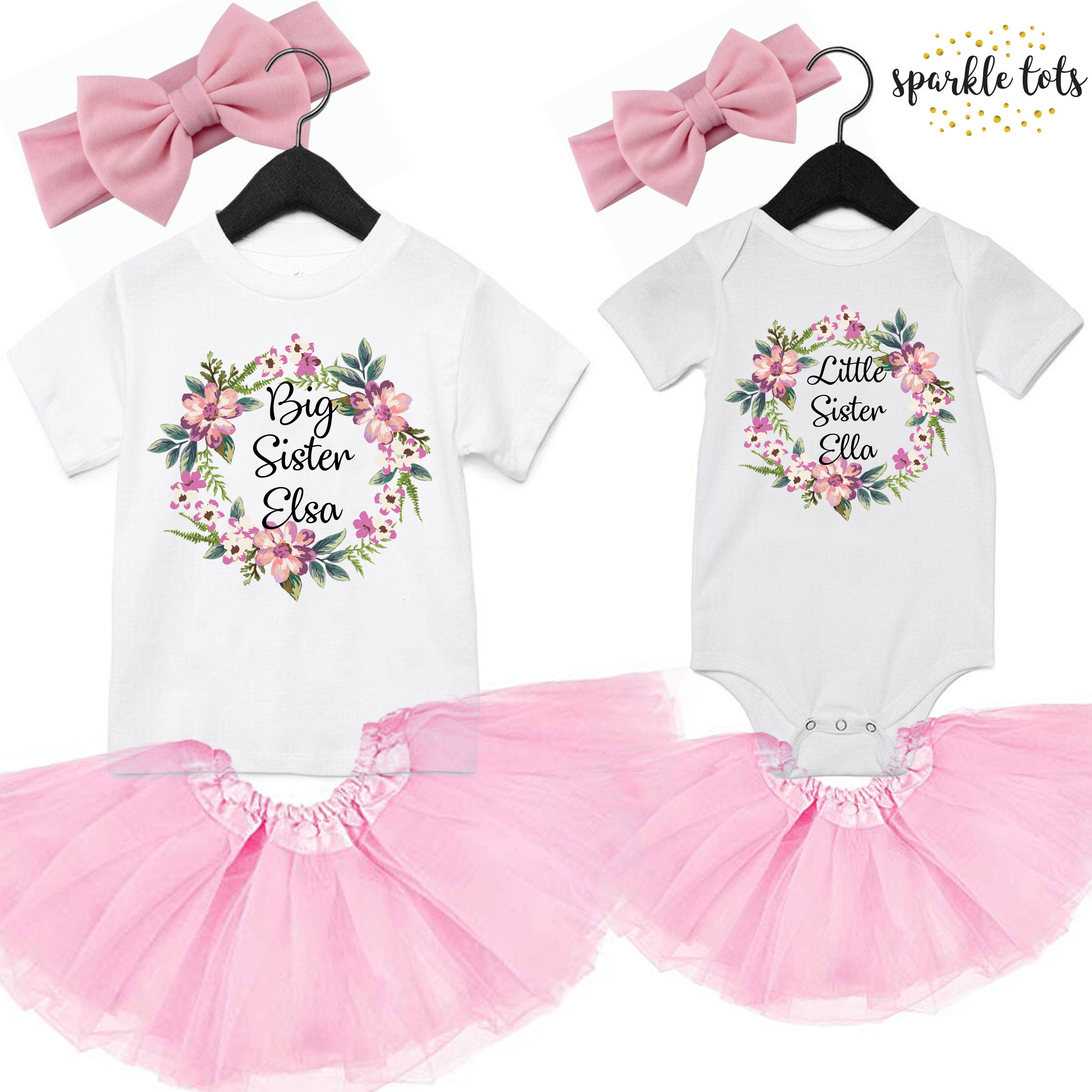 Monamees Big and Little Sister Personalized Matching Outfits, Sisters Shirt Set, Customized Baby Shower Gifts for Girls, Little Sister Announcement