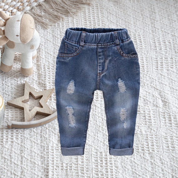 KIDSCOOL SPACE Baby Little Boys Jeans Elastic Band Inside Straight Fit  Ripped Denim Pants 6-7