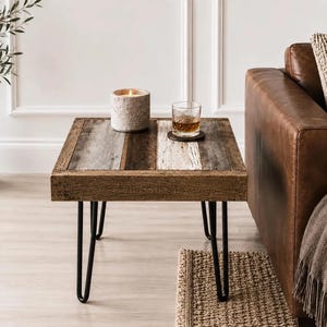 Reclaimed Barnwood Side Table, Rustic Hairpin Leg Accent Nightstand
