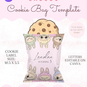 Labubu Inspired Cookie Bag Canva Template | Printable Labubu Party Favor | Editable Label | Kawaii Cookie Bag | Birthday Goodie Bag DIY