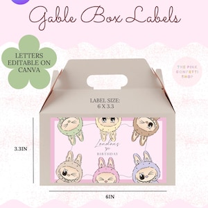 Labu Bu Gable Box Label Vorlage | Labubu Giebeldose | Labubu bearbeitbarer Geburtstag | Digitaler Download | Labubu Gable Box Label Vorlage
