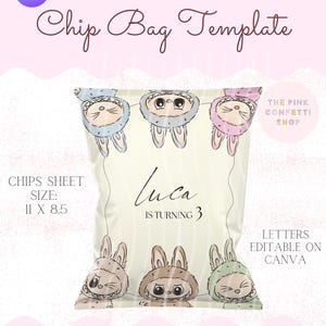 Labubu Inspired Chip Bag Canva Template | Printable Party Favor | Editable Label | Kawaii Chip Bag | Birthday Goodie Bag DIY | Cute Labubu