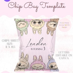 Modelo de Sacola de Salgadinho Labubu Canva | Lembrancinha de Festa Labubu para Imprimir | Etiqueta Editável | Sacola de Salgadinho Kawaii | Sacola de Presentes de Aniversário DIY | Labubu Fofo