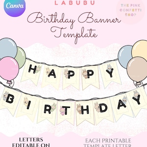Labubu Inspired Birthday Banner Template | Cute monster labubu Banner | Editable Labubu Birthday Banner Canva templates | Digital Invitation