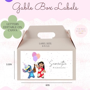 Op Lilo and Stitch geïnspireerde labelsjabloon geveldoos | Lilo en stitch Gable Box Verjaardag | Digitale download | Labelsjabloon geveldoos