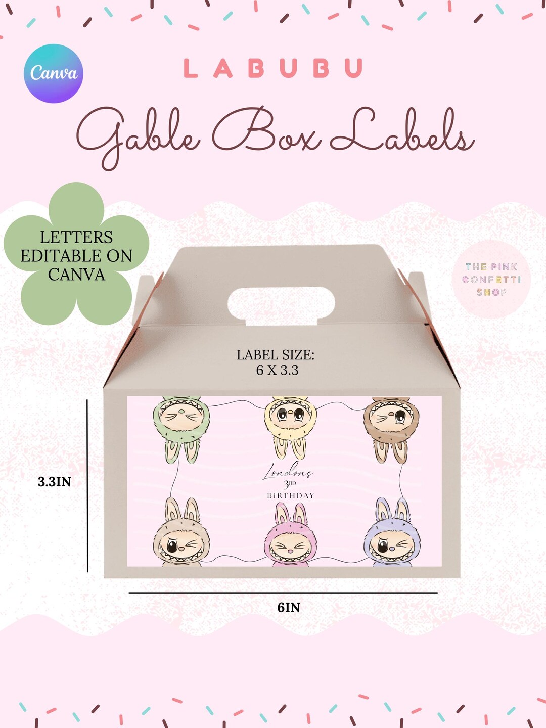 Labub Box Print Labubu Gable Box Label Template: Editable Birthday Party Decor (digital ...