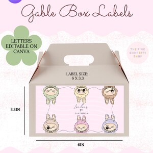 Labubu Inspired Gable Box Label Template | Labubu Gable Box | Labubu Editable Birthday | Digital Download | Labubu Gable Box Label Template