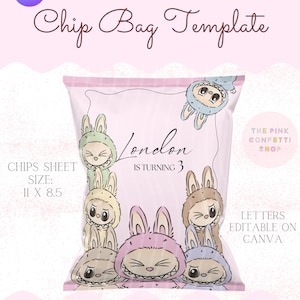 Labubu Inspired Chip Bag Canva Template | Printable Labubu Party Favor | Editable Label | Kawaii Chip Bag | Cute Birthday Goodie Bag DIY