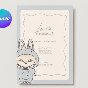 Convite de aniversário com tema Labubu | Convite fofo de Labubu de monstro | Convite editável de Labubu | Modelos Canva | Convite digital