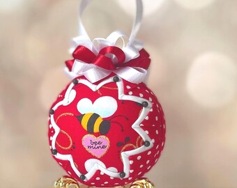 Bee Mine Valentine Ornament, Red White Quilted Fabric Ornament, Bee Ornament Gift, Handmade Ornament, Valentine Decor, Bee Decor
