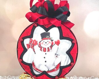 Snowman Christmas Ornament, Quilted Fabric Ornament, Handmade Tree Decoration, Red and Black Holiday Decor, Winter Snowman Gift
