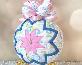 Quilted Baby Ornament for Shower Gift, Pink Blue Green Safety Pin Fabric, Gender Neutral Baby Decor, Handmade Round Keepsake