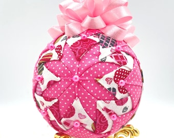 Valentine Ornament Ball, Pink Quilted Ornament, Handmade Fabric Ornament, Dog Valentine Gift, Heart Decor, Pink Keepsake Ornament