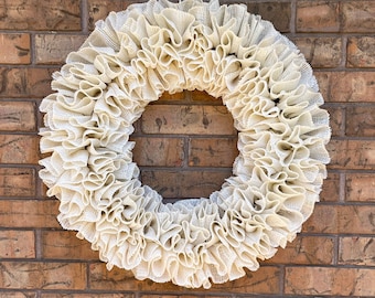 White burlap wreath for minimalist decor, Ruffle wreath base for do it yourself projects, Burlap wreath for front door decor