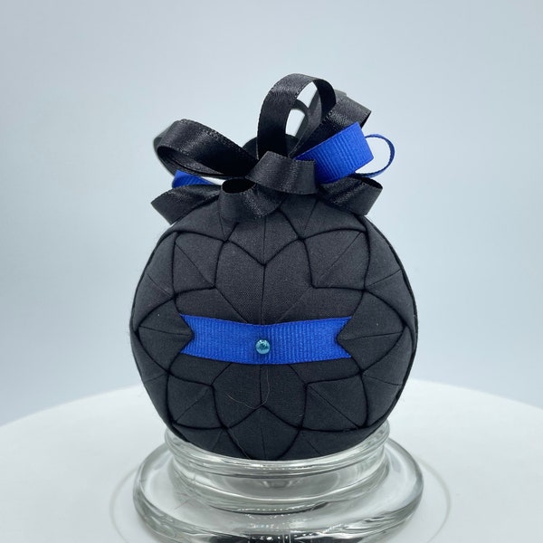 Thin Blue Line Quilted Ornament - Handmade with Black and Blue Bow