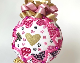 Valentine Heart Quilted Ornament, Handmade Fabric Ornament, Pink Gold Christmas Ball, Love Keepsake Gift, Romantic Decor