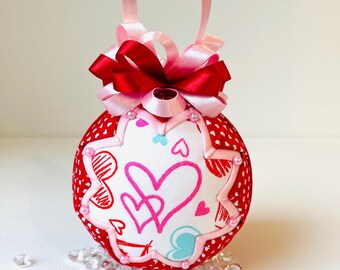 Valentine’s Day Quilted Ornament, Handmade Fabric Ornament with Hearts, Red and Pink Ribbon Ornament, Unique Holiday Decor