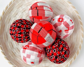 Valentine’s Day Fabric Bowl Fillers - Handmade Heart and  Plaid Decorative Orbs, Red & White Home Décor, Farmhouse Table Accents