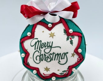 Merry Christmas fabric quilted ornament. Handmade holiday ornament for tree.