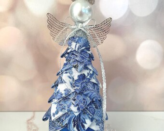 Blue Silver Angel Ornament – Handmade Fabric Angel, Holiday Shelf Decor, Scandinavian Christmas Angel, Winter Gift
