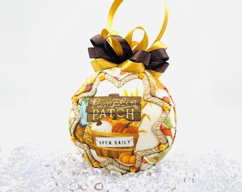 Pumpkin Patch Fall Ornament - Handmade Autumn Decor, Quilted Hanging Ornament with Bow, Rustic Fall Home Accent