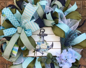 Floral Anchor wreath, Blue, Sea theme, Ocean decor, Green wreath