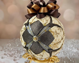 Elegant Quilted Christmas Ornament, Brown Gold Fabric Ornament, Handmade Holiday Decor, Victorian Style Tree Decor, Heirloom Gift Idea