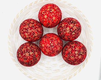 Christmas Red Rag Ball Bowl Fillers, Decorative Fabric Balls for Bowls - Handmade Set of 6