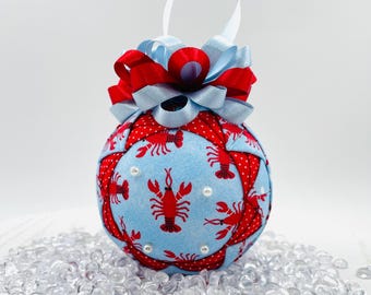 Lobster Coastal Ornament, Nautical Fabric Christmas Decor, Handmade Quilted Beach House Ornament, Red Blue Nautical Holiday Gift