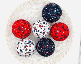 Patriotic Rag Ball Bowl Fillers, Decorative Fabric Balls for Bowls - Handmade Set of 6