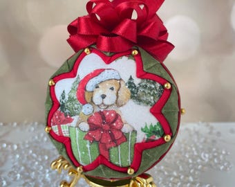 Christmas Puppy Ornament, Quilted Fabric Dog Ornament, Pet Gift Box Decoration, Handmade Red Green Bow Keepsake, Holiday Decor