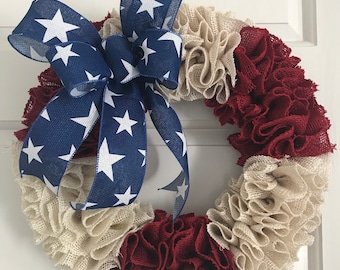 Patriotic Burlap Wreath with Stars Bow – 4th of July Door Decor, Memorial Day Wreath, Americana Front Porch Accent