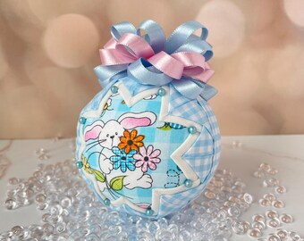 Handmade Easter Bunny Ornament, Blue Gingham Quilted Ball, Spring Decor, Baby Nursery Gift, Bunny Fabric Ornament, Pastel Ribbon Bow