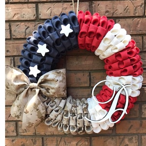 Patriotic Wreath, Military wreath, Monogram wreath, military service decor, Folded Burlap Wreath