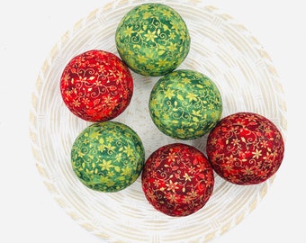 Christmas Green and Red Rag Ball Bowl Fillers, Decorative Fabric Balls for Bowls - Handmade Set of 6