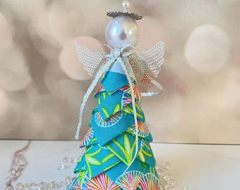 Angel Ornament – Handmade Fabric Christmas Angel Decoration, Blue Tree Angel, Pearl Head Angel for Holiday Decor