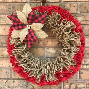 Handcrafted Red and Beige Poinsettia Ruffle Burlap Wreath - Festive Front Door Decor