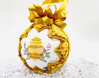 Beehive Ornament, Quilted Honeycomb Ball, Handmade Yellow Bee Decor, Farmhouse Spring Gift, Fabric Ornament for Bee Lovers