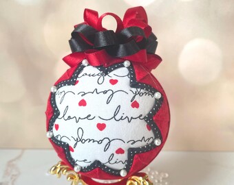 Red and Black Valentine Ornament, Love Live Laugh Ornament, Quilted Fabric Ball, Handmade Ornament Gift, Romantic Decor