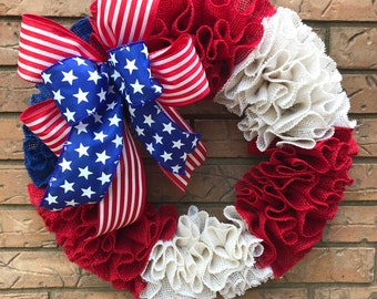 Red White Blue Wreath, Patriotic Burlap, Memorial Day Decor, New Home Gift, Big Bow Wreath, Everyday Wreath, Ribbon Ruffle, Military