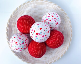 Valentine’s Day Decorative Fabric Balls – Heart and Polka Dot Pattern Bowl Fillers, Farmhouse Home Decor, Holiday Centerpiece Accents