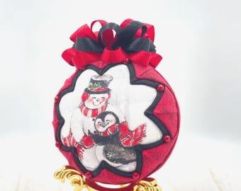 Snowman and Penguin Christmas Ornament, Handmade Quilted Holiday Decor, Red and Black Fabric Ornament, Winter Tree Ornament