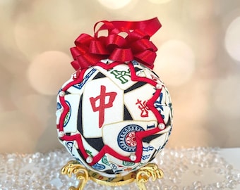 Mahjong Christmas Ornament, Handmade Asian Decor Ball, Red Ribbon Ornament, Unique Fabric Ornament, Holiday Tree Gift