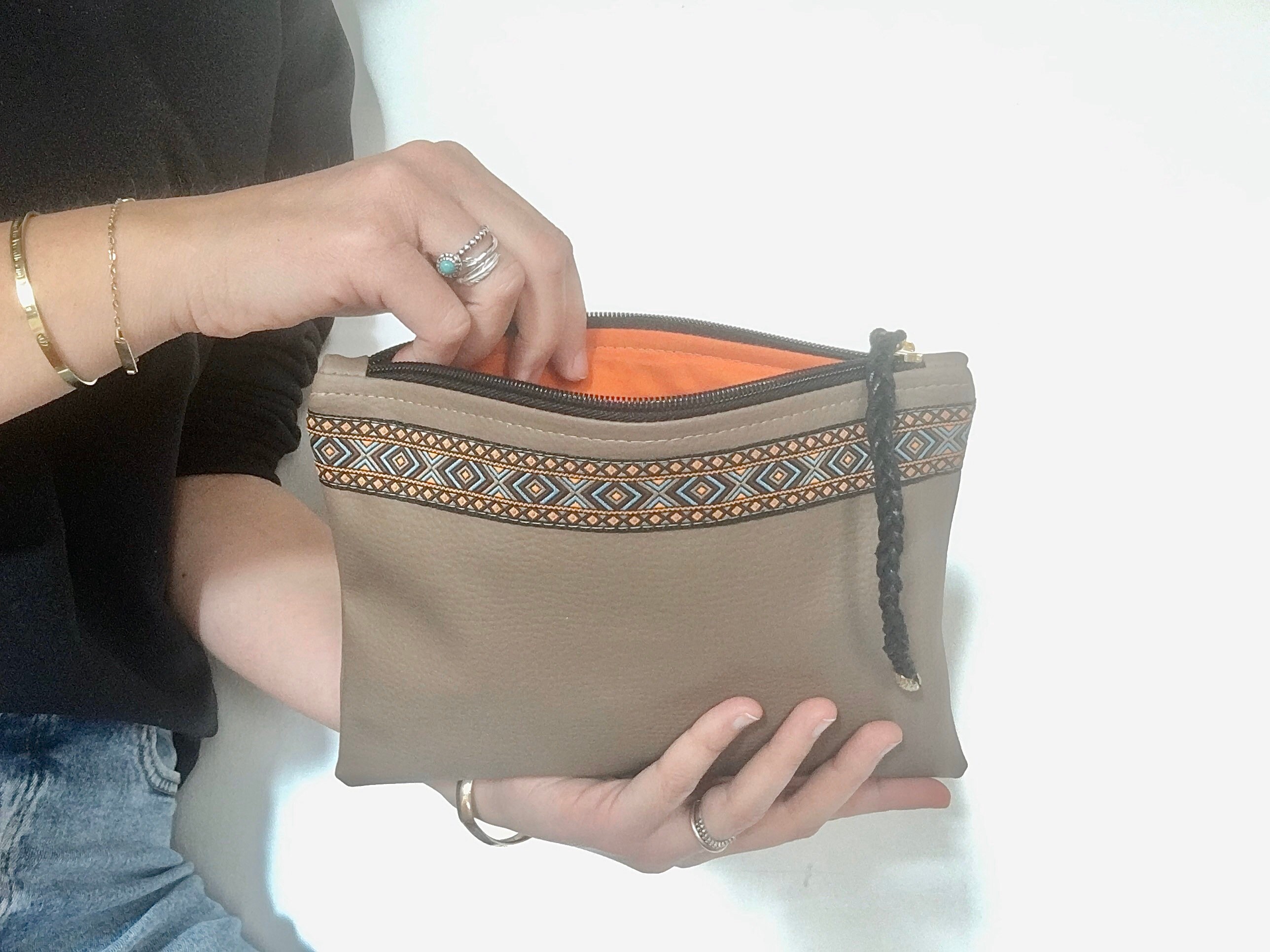 Heeled clutch bag with sand-colored vegan leather and orange | Etsy