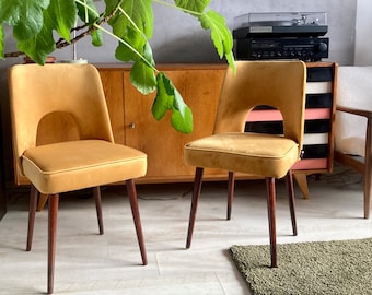 A pair of vintage polish "SHELL" chairs from Mid Century in mustard velvet
