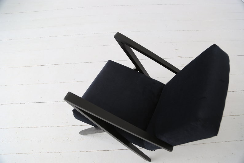 Original midcentury polish armchair from the 60's in black velvet and black wooden frame image 5